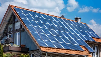 Fototapeta premium Residential Solar Panels. Modern Home with Photovoltaic System for Sustainable Energy