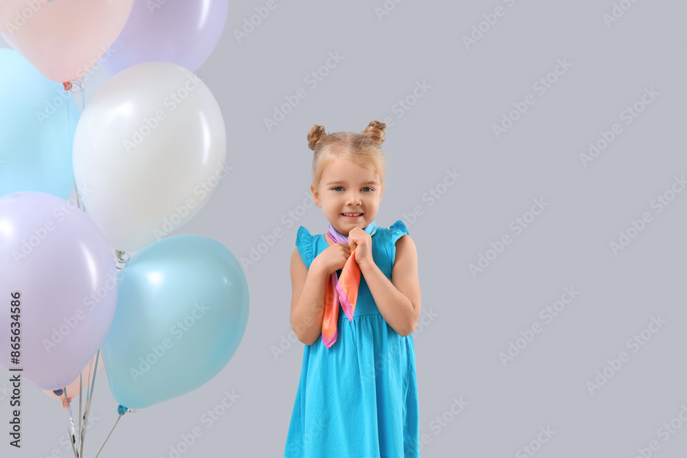 Sticker cute little girl with beautiful balloons on grey background