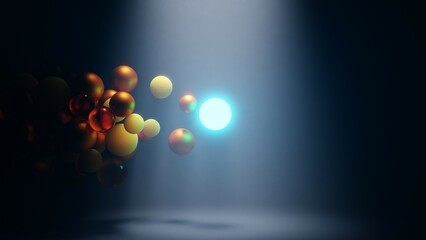 A vivid abstract scene featuring a glowing sphere with colorful floating bubbles in a dark background.