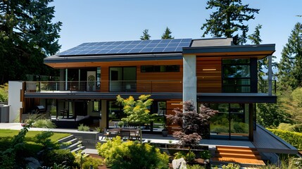 Fototapeta premium Modern sustainable home with solar panels, showcasing green energy and eco-friendly living in a beautiful natural setting. Concept of renewable energy, sustainability, and luxury living.