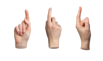 Hand gesture, pointing indicating sign from different views. Pointer isolated on white background, set., transparent PNG cutout