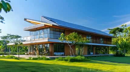 Modern Sustainable Home with Solar Panels in Nature. Eco-Friendly Living