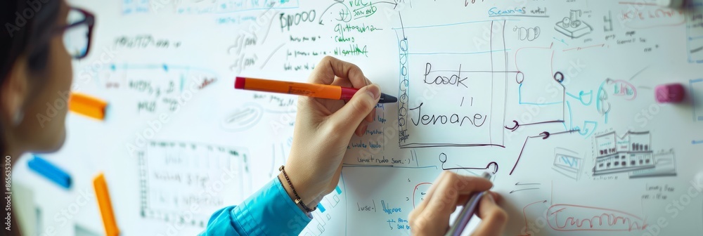 Poster close-up of a woman writing on a whiteboard with colorful notes during a brainstorming session. busi