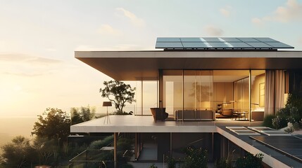 Modern sustainable home with solar panels on roof, panoramic windows and stunning sunset views. Concept of eco-friendly living, luxury real estate, and sustainable architecture