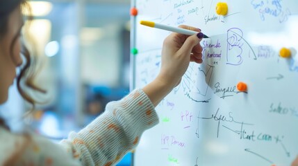 Woman writing on a whiteboard with colorful diagrams during a brainstorming session. Business strategy planning concept