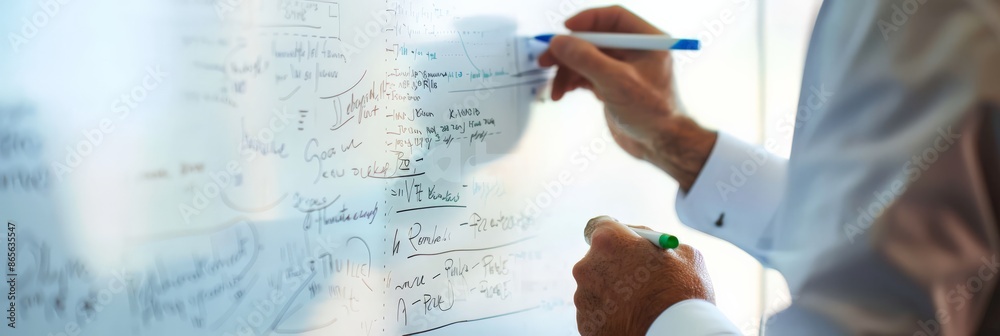 Poster Man writing on a whiteboard with colorful notes during a brainstorming session in a modern office. Business planning and strategy concept