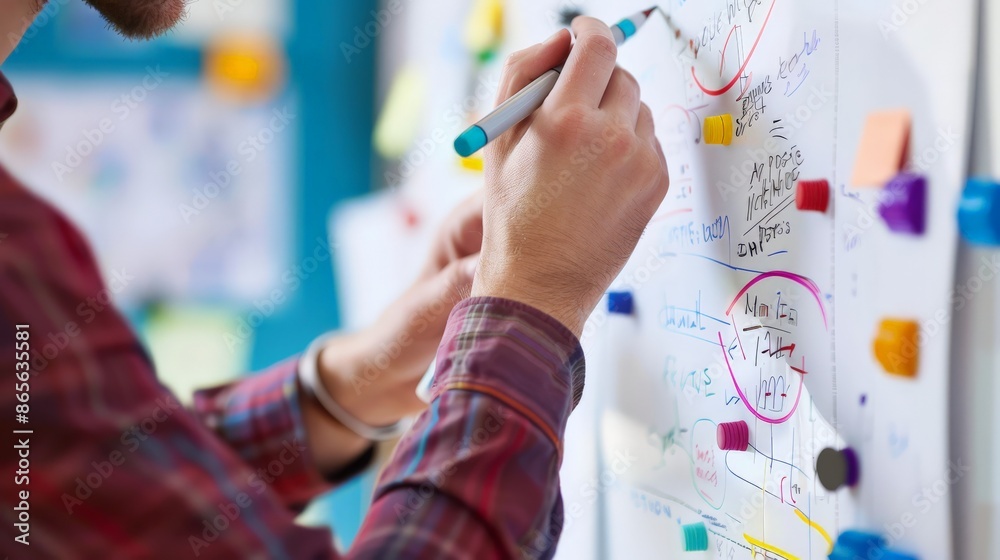 Poster Close-up of a man writing on a whiteboard with colorful diagrams during a brainstorming session. Ideal for business planning and teamwork concepts