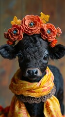 A black cow wearing a scarf and orange flowers.