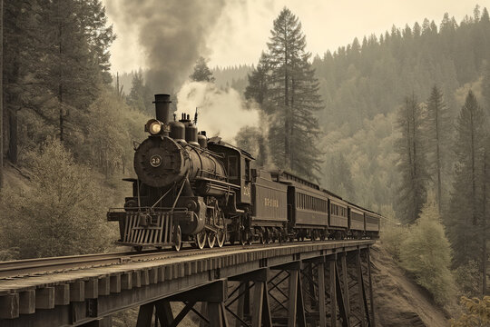 steam train in the woods crossing the bridge