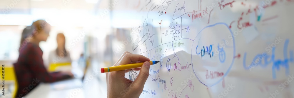 Poster Hand writing on whiteboard with colorful charts and diagrams in modern office setting. Collaborative brainstorming session, ideal for business strategy and teamwork concepts