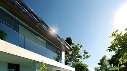 Modern, sustainable home with solar panels on a sunny day. Concept of green living, renewable energy, and eco-friendly design.