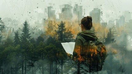 Obraz premium Ecologist studying biodiversity in a forest capturing the richness of habitats and population dynamics