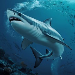 Adorable killer whales family swimming together and looking up towards sea surface in 3d illustration
