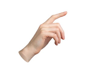 Hand pointing gesture. Index finger indicating, isolated on white background. Tap, touch sign, invisible virtual interaction. Reach outstretched. Communication, press click., transparent PNG cutout