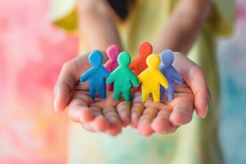 A person holding colorful paper figures in their hands, symbolizing community support and empowerment The background is blurred to focus on the hand with figures Generative AI
