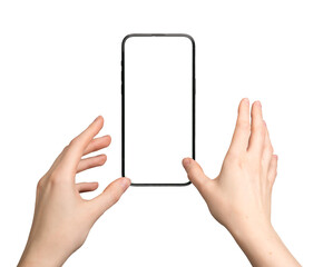 Hand reaching for phone screen mockup, wanting to grab blank, clear smartphone, cell phone. White...