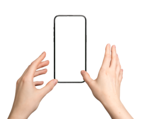 Hand reaching for phone screen mockup, wanting to grab blank, clear smartphone, cell phone. White background, using app, isolated for promotion.., transparent PNG cutout