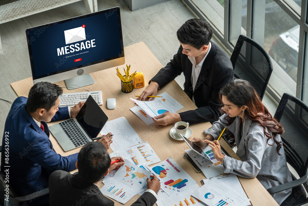 Poster email notification message showing on computer screen snugly. digital marketing message information 
