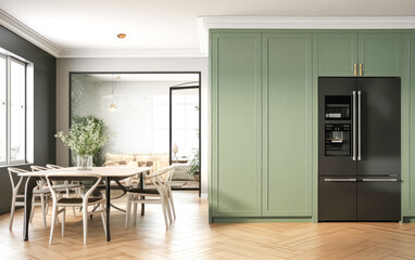 Fototapeta premium A green kitchen with a dining table and chairs.
