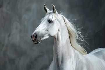 Obraz premium A portrait of a white Arabian horse, its elegant features and flowing mane set against a charcoal background. The contrast highlights the horse's noble stance and calm demeanor.
