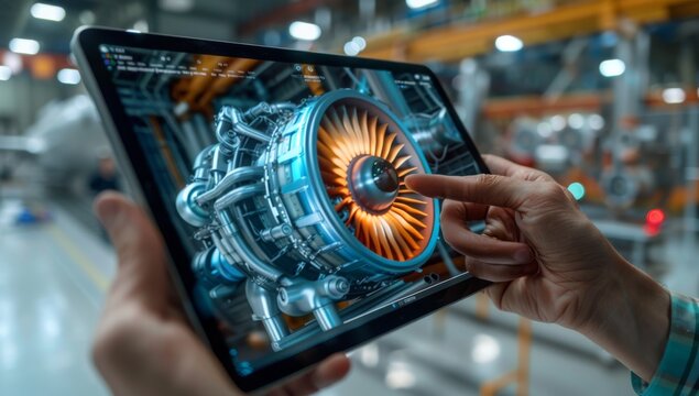Engineer using iPad Pro to visualize detailed 3D rendering of turbojet engine in industrial setting