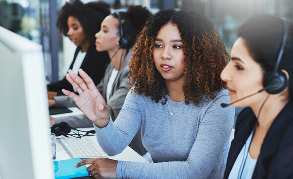 Call center, mentor and advice with business people, telemarketing and conversation for new system. Staff, insurance consultant and supervisor with employee, review and customer service with feedback