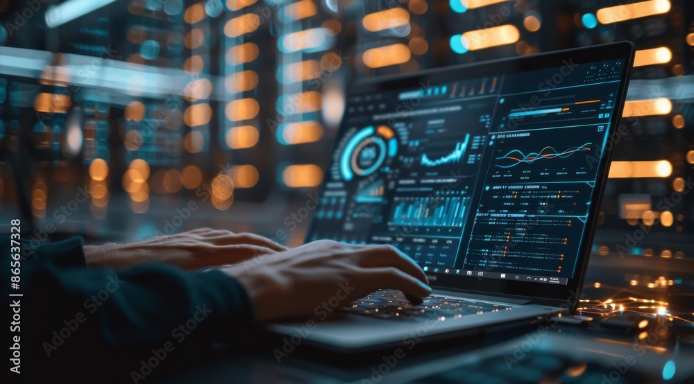 Poster close-up of hands typing on a laptop with data analytics and graphs on screen in a futuristic settin