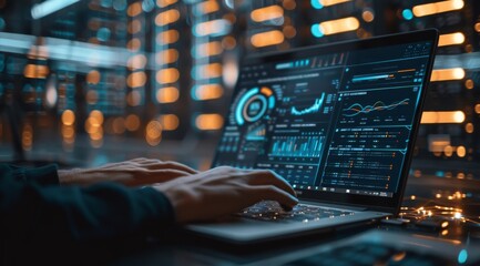 Close-up of hands typing on a laptop with data analytics and graphs on screen in a futuristic setting