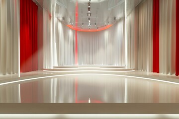 A stage with red curtains and white lights.
