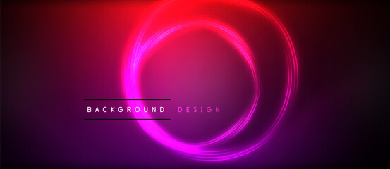 Neon glowing circle rays, light round lines in the dark, planet style neon wave lines. Energetic electric concept design for wallpaper, banner, background