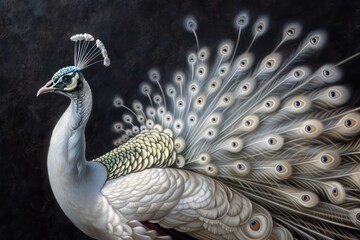 Fototapeta premium A portrait of a white peacock, its splendid tail feathers and striking face against a dark charcoal backdrop. The peacock's regal presence and vibrant details are vividly rendered.