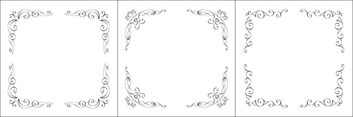 Set of three vector frames. Elegant black and white monochrome ornamental border for greeting cards, banners, invitations. Vector frame for all sizes and formats. Isolated vector illustration.	
