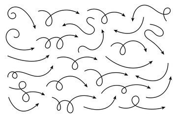 Collection of curved arrows. Set simple curved hand drawn arrows. Collection of pointers.