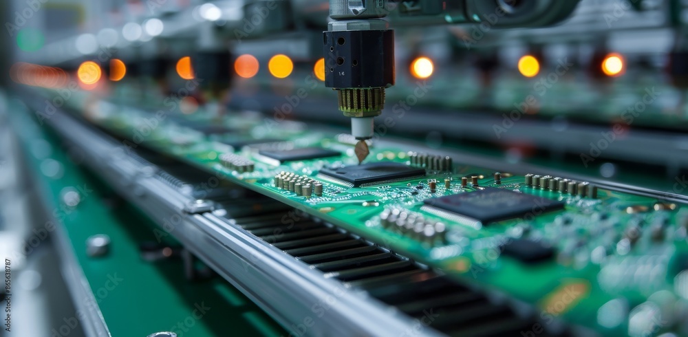 Poster Close-up shot of an automated production line assembling electronics in a factory setting