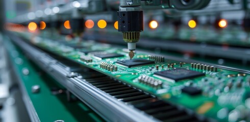 Fototapeta premium Close-up shot of an automated production line assembling electronics in a factory setting
