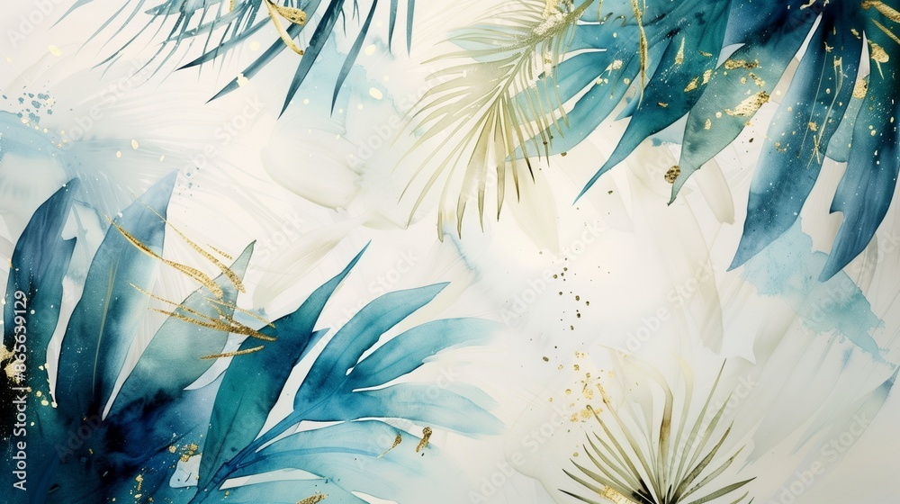 Wall mural vibrant tropical leaves watercolor with gold details on abstract botanical pattern - Wall murals