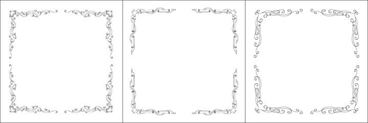 Set of three thin vegetal vector frames. Black and white. Vector frame for all sizes and formats. Isolated vector illustration.	

