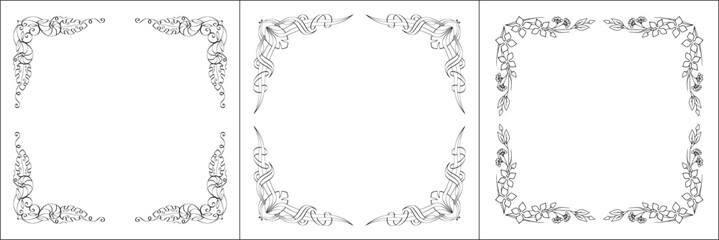 Set of three vector frames. Elegant black and white monochrome ornamental border for greeting cards, banners, invitations. Vector frame for all sizes and formats. Isolated vector illustration.	
