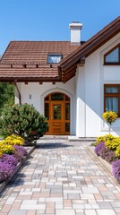 A white house with a brown roof and a brick driveway is surrounded by lush green landscaping