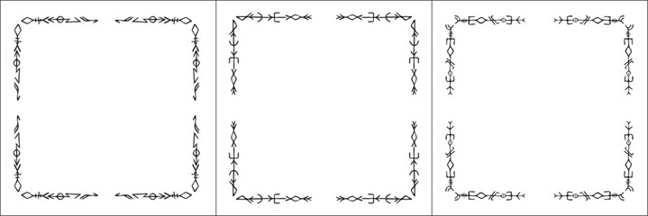Set of three frames with runes. Elegant black and white frame with Scandinavian ornament, decorative border, corners, isolated vector illustration.	
