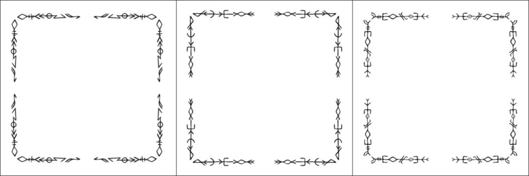 Set of three frames with runes. Elegant black and white frame with Scandinavian ornament, decorative border, corners, isolated vector illustration.	
