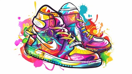 A vibrant cartoon-style pair of sneakers with graffiti designs, Generative AI, 
