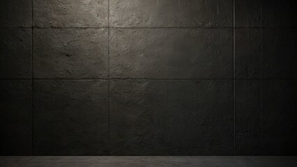 Fototapeta premium Soft daylight from overhead lights gently illuminates the textured concrete wall in a dark grey hue, creating a versatile backdrop ideal for shop design. Its dark edges and minimalistic style offer am