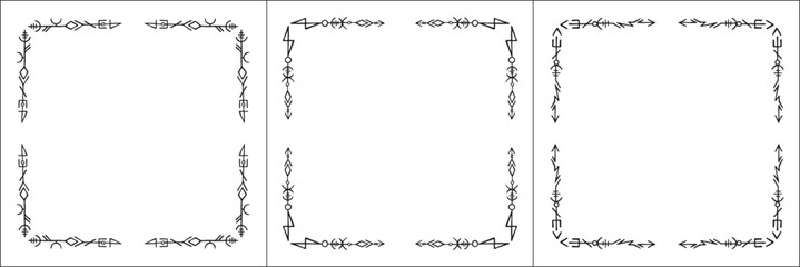 Set of three frames with runes. Elegant black and white frame with Scandinavian ornament, decorative border, corners, isolated vector illustration.	
