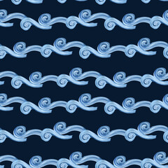 Curly blue waves hand drawn watercolor seamless pattern. Marine background for textile, packaging, cover. Pattern endless by sea water waves in cute style. Marine life for children illustration