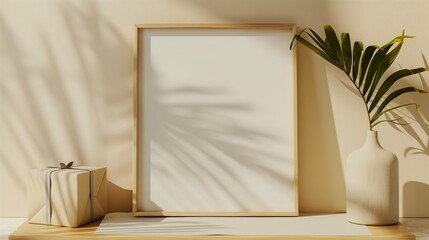 An empty frame mock up on a table next to the gift box.