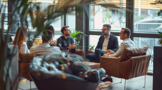 Four people are sitting on a couch and talking. There are plants and windows in the background. AIG535