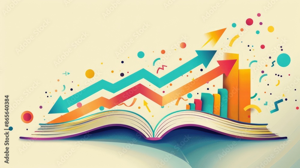 Poster open book with colorful arrows and charts emerging from it. concept of business growth and financial