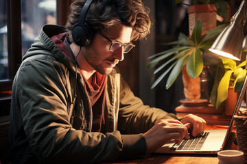 Obraz premium A young man with glasses working on a laptop in a cozy home office, highlighting the themes of remote work and modern digital education.