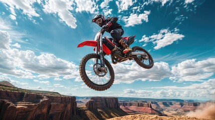 A motorcyclist jumping on a motocross bike. AI generated.